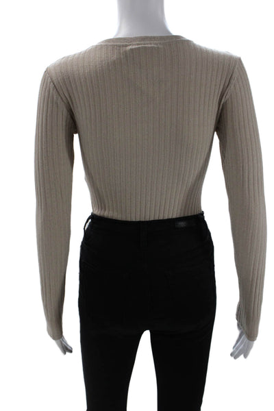 Zara Womens Beige Striped Basic Button-Up Long Sleeve Crew Neck Top Size S