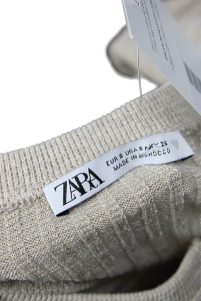 Zara Womens Beige Striped Basic Button-Up Long Sleeve Crew Neck Top Size S