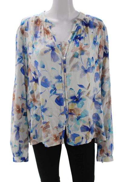 Bella Dahl Women Blue Floral Button-Up Blouse Long Sleeve Round Neck Size M