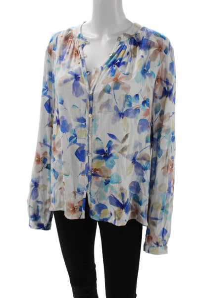 Bella Dahl Women Blue Floral Button-Up Blouse Long Sleeve Round Neck Size M