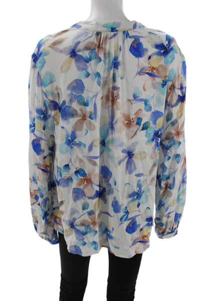 Bella Dahl Women Blue Floral Button-Up Blouse Long Sleeve Round Neck Size M
