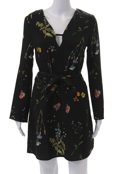 Topshop Women A-Line Mini Dress Black Floral Vneck Long-Sleeve Size 4