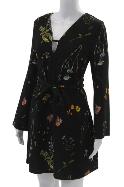 Topshop Women A-Line Mini Dress Black Floral Vneck Long-Sleeve Size 4