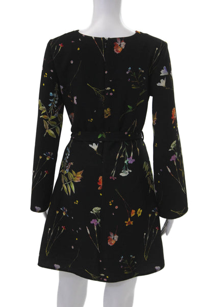 Topshop Women A-Line Mini Dress Black Floral Vneck Long-Sleeve Size 4