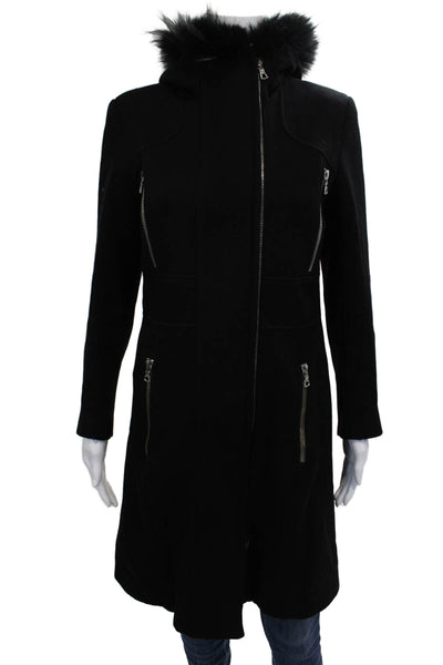 Andrew Marc Women Overcoat Black Virgin Wool Nylon High Neck Zip Size 6