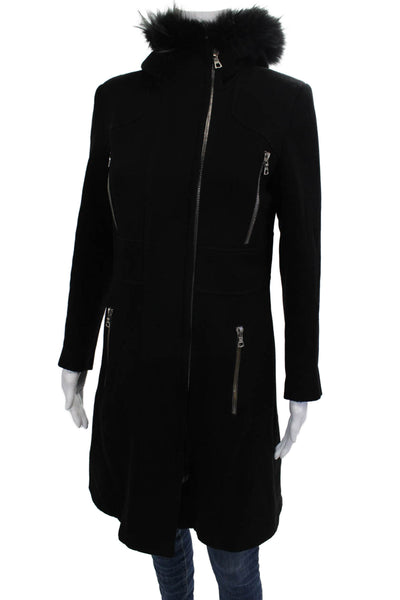 Andrew Marc Women Overcoat Black Virgin Wool Nylon High Neck Zip Size 6