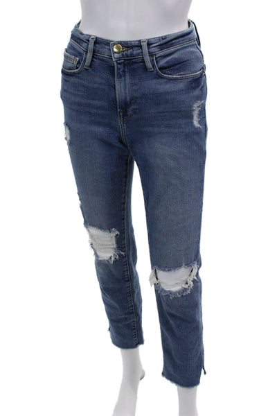Frame Women Cropped Straight Jeans Blue High-Rise 27in Inseam Size 26