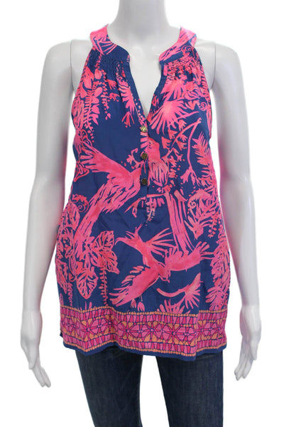 Lilly Pulitzer, Women, Sleeveless Silk Tunic Dark Blue Bird Button Size S