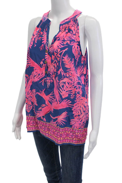 Lilly Pulitzer, Women, Sleeveless Silk Tunic Dark Blue Bird Button Size S