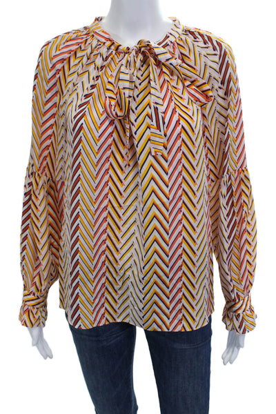 Marie Oliver Women White Herringbone Aztec Silk Blouse Button L/S Size S