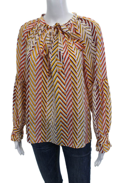 Marie Oliver Women White Herringbone Aztec Silk Blouse Button L/S Size S