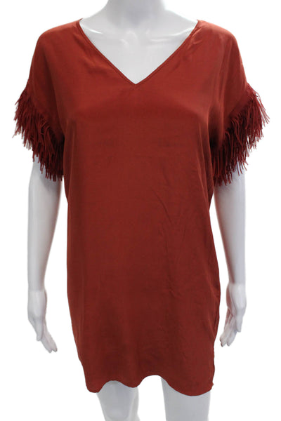Marie Oliver Womens Silk V-Neck Tunic Blouse Red Short Sleeve Size 2XS