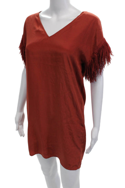 Marie Oliver Womens Silk V-Neck Tunic Blouse Red Short Sleeve Size 2XS
