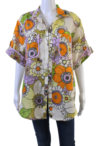 Alemais Women Tunic Button-Up Green Floral 100% Linen Collared Size 12