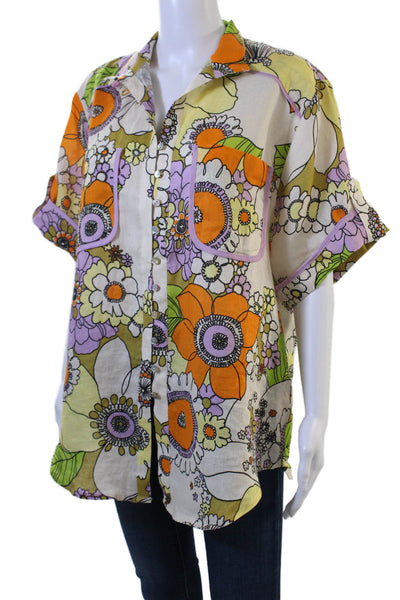 Alemais Women Tunic Button-Up Green Floral 100% Linen Collared Size 12