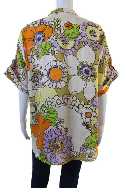 Alemais Women Tunic Button-Up Green Floral 100% Linen Collared Size 12