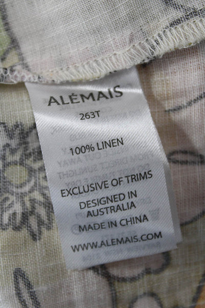 Alemais Women Tunic Button-Up Green Floral 100% Linen Collared Size 12
