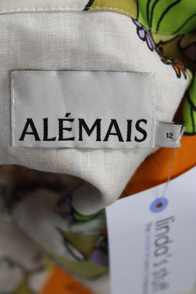 Alemais Women Tunic Button-Up Green Floral 100% Linen Collared Size 12