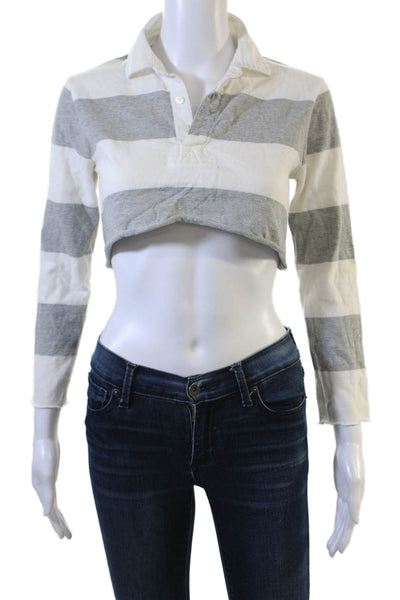 J Crew Women Cropped Striped Collared Polo Gray Long Sleeve Button Size XS