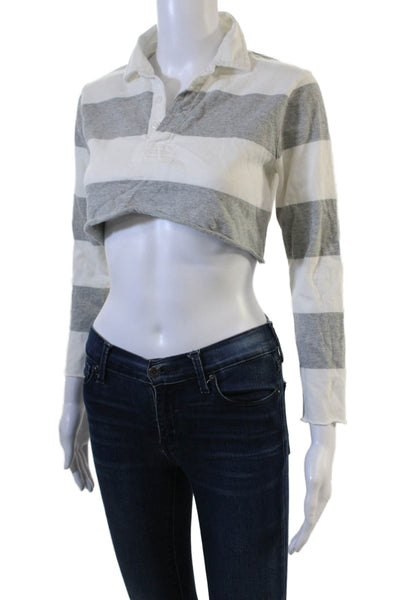 J Crew Women Cropped Striped Collared Polo Gray Long Sleeve Button Size XS