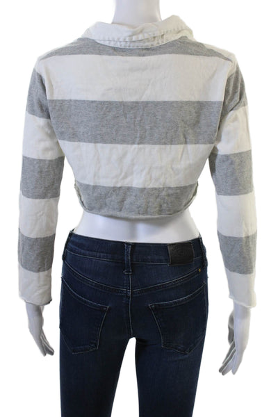 J Crew Women Cropped Striped Collared Polo Gray Long Sleeve Button Size XS