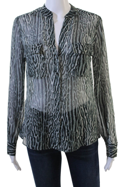 BCBG Max Azria Women Black Animal Print V-Neck Button-Up Blouse Size 2XS
