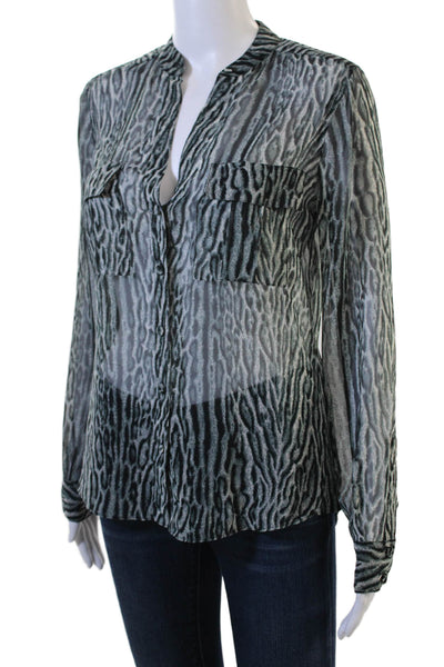 BCBG Max Azria Women Black Animal Print V-Neck Button-Up Blouse Size 2XS
