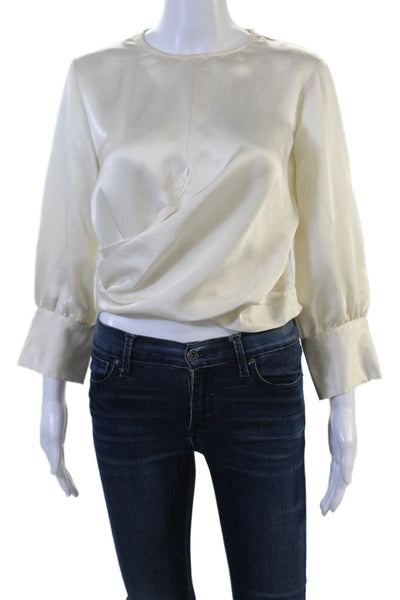 Zara Women Blouse Beige Round Neck 3/4 Sleeve Button Cuff Fall Size M