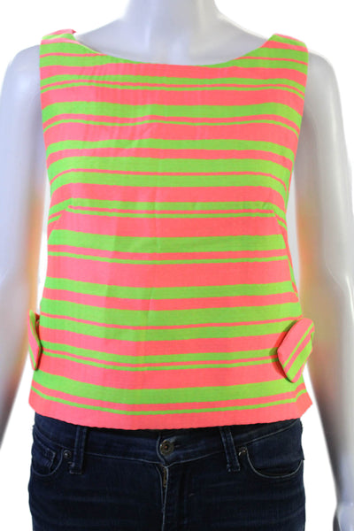 Trina Turk Women Cropped Striped Green Tank Round Neck Sleeveless Size 4
