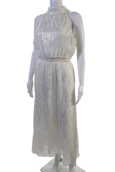 Drew Women Blouson Maxi Dress White Striped High Neck Sleeveless Size S