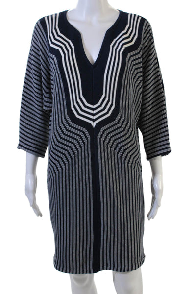 Trina Turk Women Dark Blue V-Neck Shift Sweater Dress 3/4 Sleeve Size S