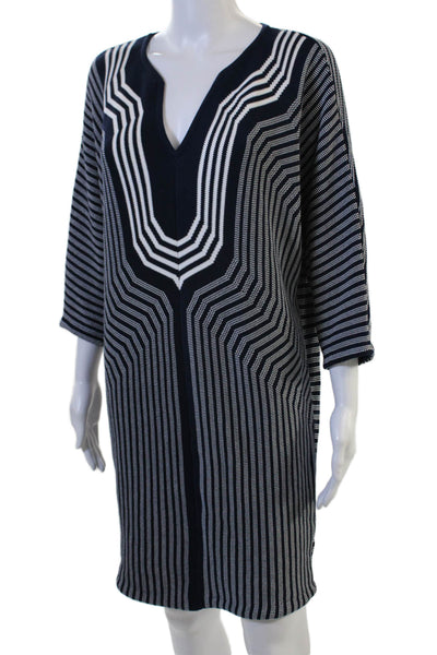 Trina Turk Women Dark Blue V-Neck Shift Sweater Dress 3/4 Sleeve Size S