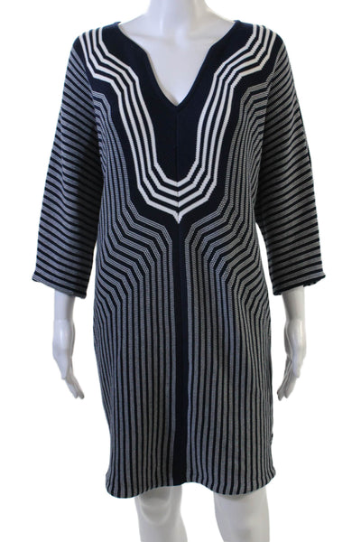 Trina Turk Women Striped V-Neck Sweater Dress Dark Blue 3/4 Sleeve Size L