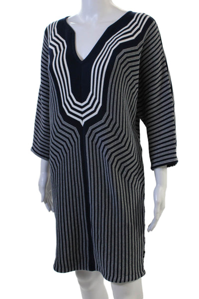 Trina Turk Women Striped V-Neck Sweater Dress Dark Blue 3/4 Sleeve Size L