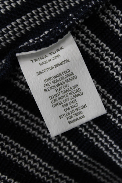 Trina Turk Women Striped V-Neck Sweater Dress Dark Blue 3/4 Sleeve Size L