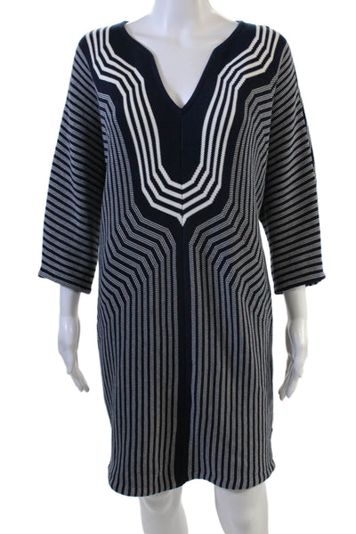 Trina Turk Women Shift Sweater Dress Dark Blue Striped V-Neck 3/4 Sleeve Size M