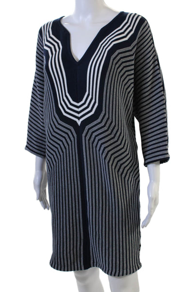 Trina Turk Women Shift Sweater Dress Dark Blue Striped V-Neck 3/4 Sleeve Size M