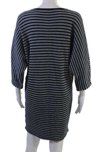 Trina Turk Women Shift Sweater Dress Dark Blue Striped V-Neck 3/4 Sleeve Size M