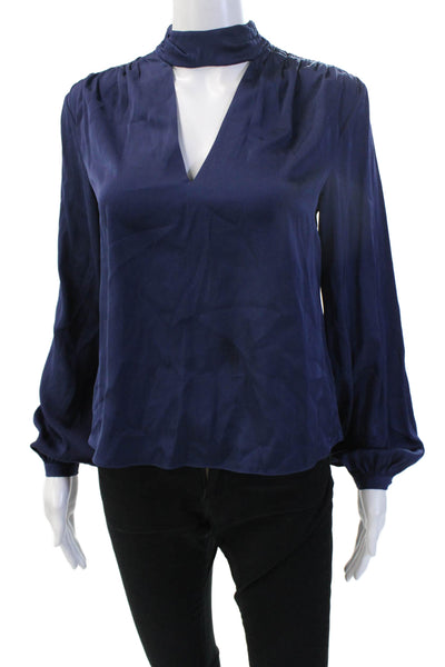 Intermix Womens Blouse Dark Blue Silk Blend Mock Neck Zip Long Sleeve Size 0