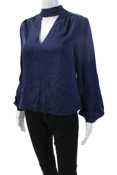 Intermix Womens Blouse Dark Blue Silk Blend Mock Neck Zip Long Sleeve Size 0