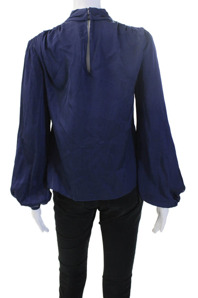 Intermix Womens Blouse Dark Blue Silk Blend Mock Neck Zip Long Sleeve Size 0