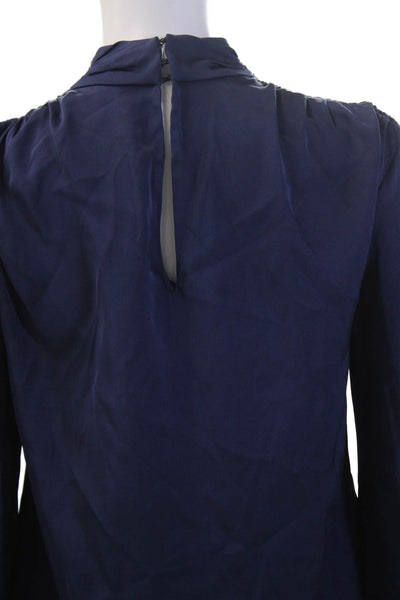 Intermix Womens Blouse Dark Blue Silk Blend Mock Neck Zip Long Sleeve Size 0