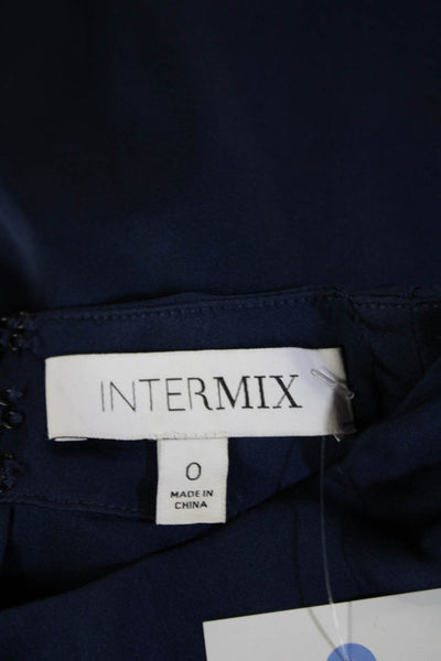 Intermix Womens Blouse Dark Blue Silk Blend Mock Neck Zip Long Sleeve Size 0