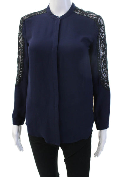 The Kooples Women Dark Blue Mock Neck Button-Up Blouse Long Sleeve Size XS