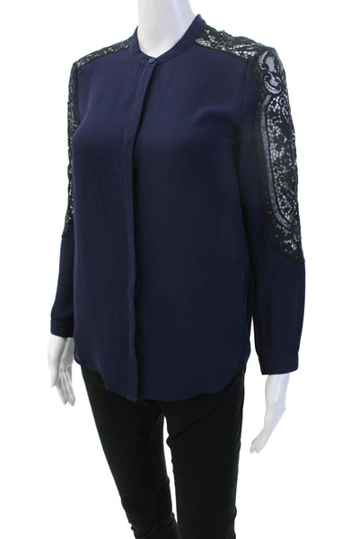 The Kooples Women Dark Blue Mock Neck Button-Up Blouse Long Sleeve Size XS