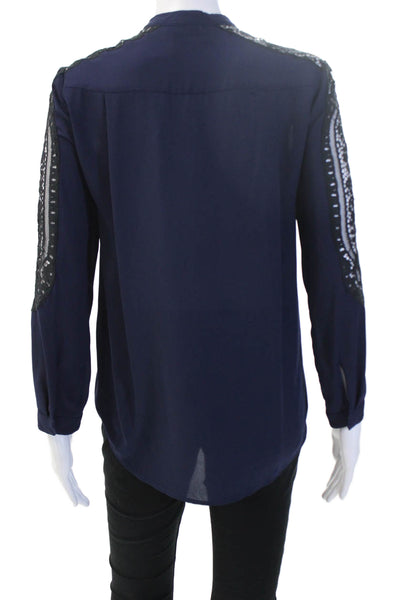 The Kooples Women Dark Blue Mock Neck Button-Up Blouse Long Sleeve Size XS