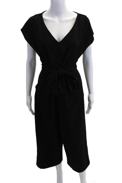 Ettitwa Women Jumpsuit Black V-Neck Short Sleeve Solid Polyester Size L