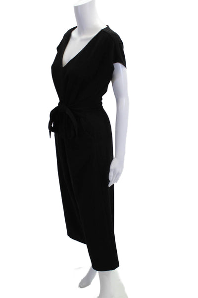 Ettitwa Women Jumpsuit Black V-Neck Short Sleeve Solid Polyester Size L