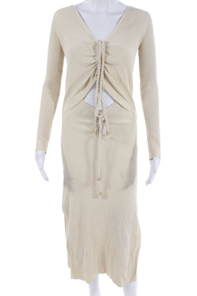 Nicolas Women Sweater Dress Beige V-Neck Striped Long Sleeve Drawstring Size XS