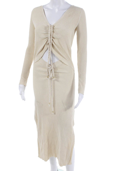 Nicolas Women Sweater Dress Beige V-Neck Striped Long Sleeve Drawstring Size XS